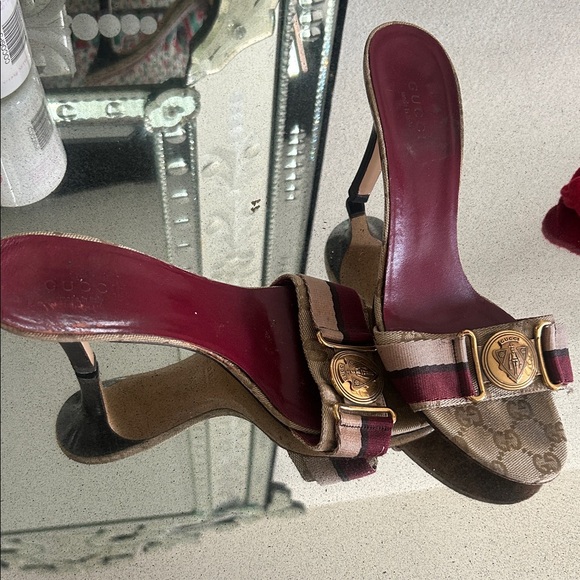Gucci Women's Burgundy and Tan Heels 36 AUTHENTIC - Picture 1 of 8
